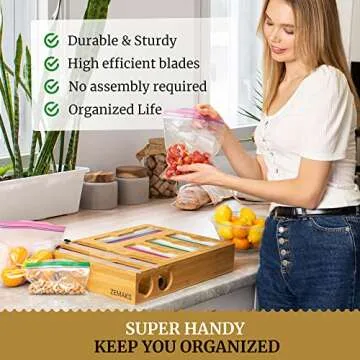 ZEMAKS Bamboo Ziplock Bag with Foil and Plastic Wrap Organizer with Cutter, Compatible with all Zip Lock Bag Sizes, any 12 Inches Roll and 14 Inches Wide Drawer
