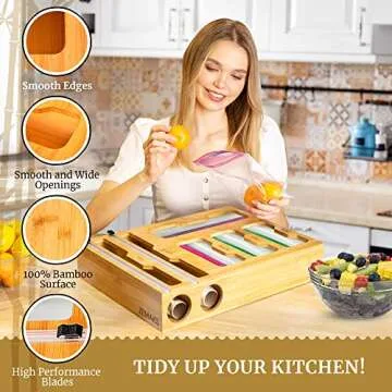 ZEMAKS Bamboo Ziplock Bag with Foil and Plastic Wrap Organizer with Cutter, Compatible with all Zip Lock Bag Sizes, any 12 Inches Roll and 14 Inches Wide Drawer