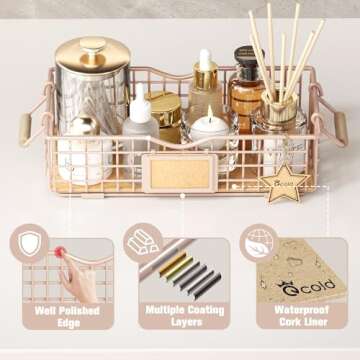 Qcold Bathroom Organizer Basket with Handle, Bathroom Decor Organizer - Bathroom Organizers and Storage - Exquisite Vanity Organizer for Skincare - Bathroom Counter Tray for Organizing - Pink
