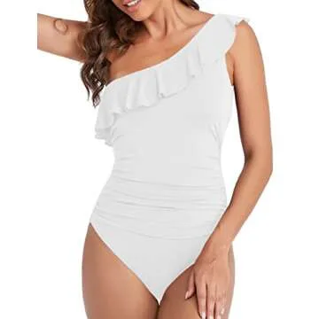 Hilor Women's One Piece Swimsuits One Shoulder Swimwear Asymmetric Ruffled Monokinis Bathing Suits White 14