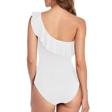 Hilor Women's One Piece Swimsuits One Shoulder Swimwear Asymmetric Ruffled Monokinis Bathing Suits White 14