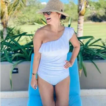 Hilor Women's One Piece Swimsuits One Shoulder Swimwear Asymmetric Ruffled Monokinis Bathing Suits White 14