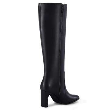 Coutgo Womens Square Toe Knee High Boots Leather Chunky Heel Fashion Dressy Winter Shoes with Side Zipper