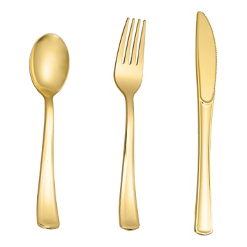 N9R 160pcs Gold Plastic Silverware Set - Elegant Tableware for Weddings & Parties