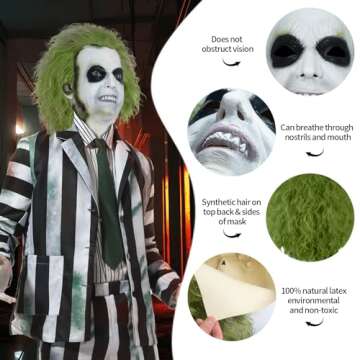Halloween Horror Mask Adults Movie Latex Horror Scary Mask with Wig Perfect Match with Costume for Cosplay