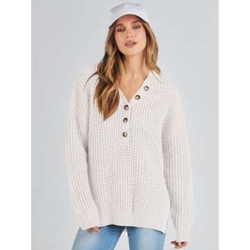 ANRABESS Womens Oversized Sweater Long Sleeve Loose V Neck Button Jumper Casual Waffle Side Slit Knit Pullover 2024 Clothes Large White