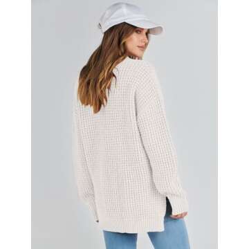 ANRABESS Womens Oversized Sweater Long Sleeve Loose V Neck Button Jumper Casual Waffle Side Slit Knit Pullover 2024 Clothes Large White