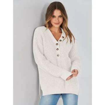 ANRABESS Womens Oversized Sweater Long Sleeve Loose V Neck Button Jumper Casual Waffle Side Slit Knit Pullover 2024 Clothes Large White