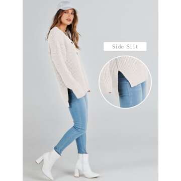ANRABESS Womens Oversized Sweater Long Sleeve Loose V Neck Button Jumper Casual Waffle Side Slit Knit Pullover 2024 Clothes Large White