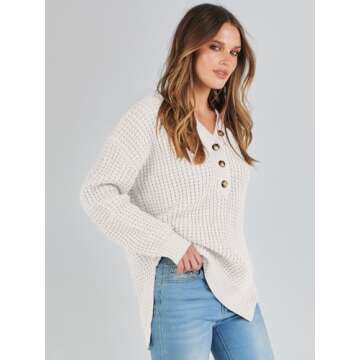 ANRABESS Womens Oversized Sweater Long Sleeve Loose V Neck Button Jumper Casual Waffle Side Slit Knit Pullover 2024 Clothes Large White