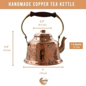 COPPER CONCEPT Copper Tea Kettle Stovetop, Handmade Copper Tea Pot, Real Copper, Water Heater, 1mm Thick (1.7 Quarts)