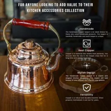 COPPER CONCEPT Copper Tea Kettle Stovetop, Handmade Copper Tea Pot, Real Copper, Water Heater, 1mm Thick (1.7 Quarts)