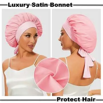 Silk Bonnet for Sleeping, Satin Hair Bonnets Large Sleep Cap for Women, Hair Wrap for Curly Hair Afros with Tie Band (Pink)*
