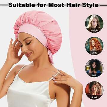 Silk Bonnet for Sleeping, Satin Hair Bonnets Large Sleep Cap for Women, Hair Wrap for Curly Hair Afros with Tie Band (Pink)*