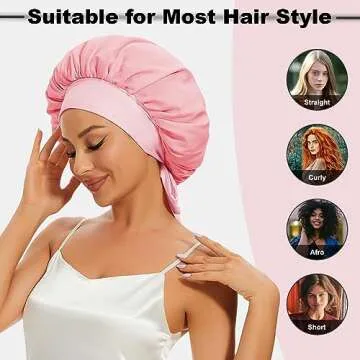 Silk Bonnet for Sleeping, Satin Hair Bonnets Large Sleep Cap for Women, Hair Wrap for Curly Hair Afros with Tie Band (Pink)*