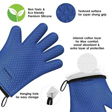 KITCHEN PERFECTION Silicone Smoker Oven Gloves -Extreme Heat Resistant BBQ Gloves -Handle Hot Food Right on Your Smoker Grill Fryer Pit|Waterproof Oven Mitts Grill Gloves |Superior Value Set+3 Bonuses