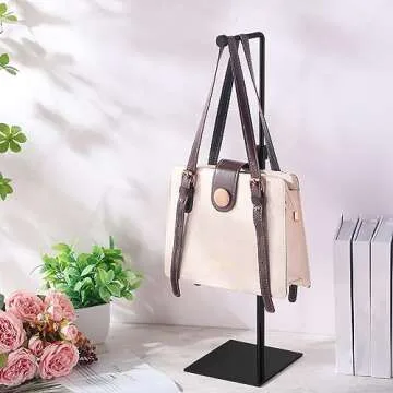 Leinuosen 4 Pcs Purse Display Stand Adjustable Height Handbag Display Stand Metal Table Purse Holder Hanging Purse Hanger Stand for Women Bag Jewelry Tabletop Counter Boutique Store (Black)