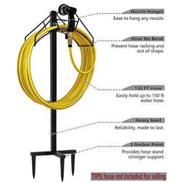 Artigarden Freestanding Garden Hose Holder Hanger, Heavy Duty Metal Water Hose Reel Storage Stand Ra...