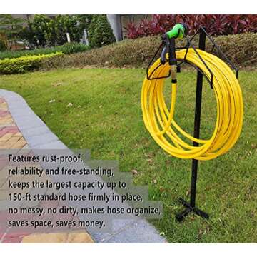 Artigarden Freestanding Garden Hose Holder Hanger, Heavy Duty Metal Water Hose Reel Storage Stand Rack for Yard Lawn, Bright Black (Hose not Included)