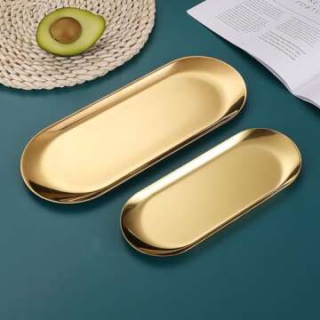 YIKANGHENG 4 Pcs 9 Inch x 3.7 Inch Gold Stainless Steel Trinket Tray, 110g