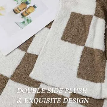 bearberry Fuzzy Checkerboard Grid Throw Blanket Soft Cozy Warm Microfiber All Season Blanket Decor for Couch Sofa Bed Travel Home (Mocha, 50''x60'')