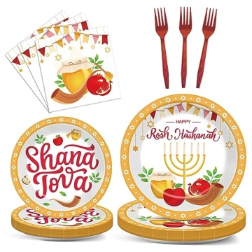 gisgfim 96 Pcs Rosh Hashanah Plates and Napkins Party Supplies Shana Tova High Holy Day Tableware Se...