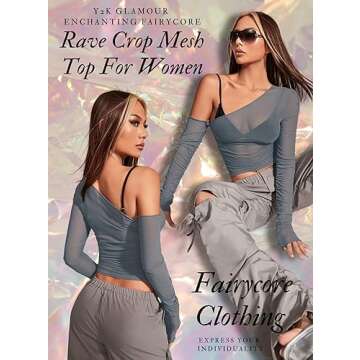 Rave Mesh Crop Top for Women - EDC 70s Asymmetrical Neck Y2K Long Sleeve Fairycore Festival Blouse S...