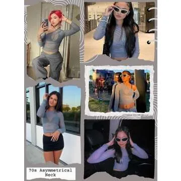 Rave Mesh Crop Top for Women - EDC 70s Asymmetrical Neck Y2K Long Sleeve Fairycore Festival Blouse Sheer Shirt(Gray,M,1102e)
