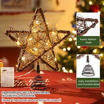 Luxspire Natural Rattan Christmas Star Tree Topper