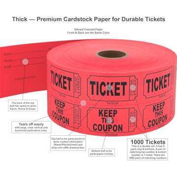 1000 Tacticai Raffle Tickets - Red Double Roll for Events, Prize Draws & Fundraisers