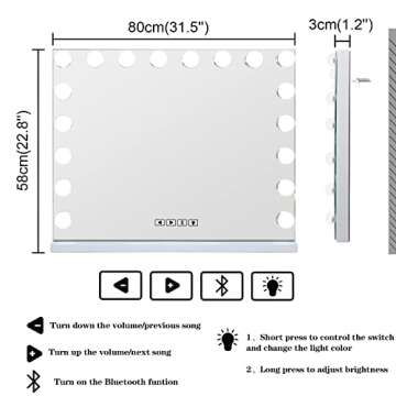 COOLJEEN Large Hollywood Vanity Mirror with Lights Bluetooth 18 Dimmable LED Bulbs, 3 Color Modes Lighted Makeup Mirror with USB Charging Port