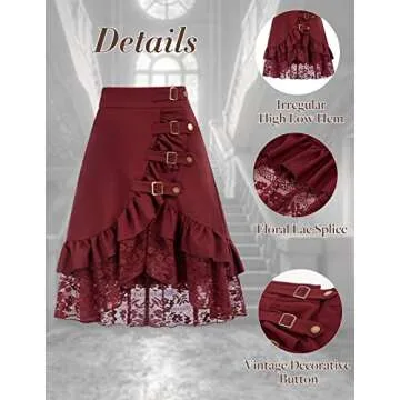 Women's Steampunk Pirate Skirts Gypsy Hippie Lace Victorian Gothic Skirts Wine M