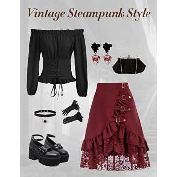 Women's Steampunk Pirate Skirts Gypsy Hippie Lace Victorian Gothic Skirts Wine M