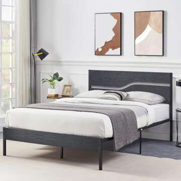 VECELO Platform Bed Frame Queen Size with Black Wood Headboard, Strong Metal Slats Support Mattress Foundation, No Box Spring Needed