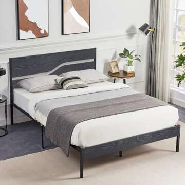 VECELO Platform Bed Frame Queen Size with Black Wood Headboard, Strong Metal Slats Support Mattress Foundation, No Box Spring Needed