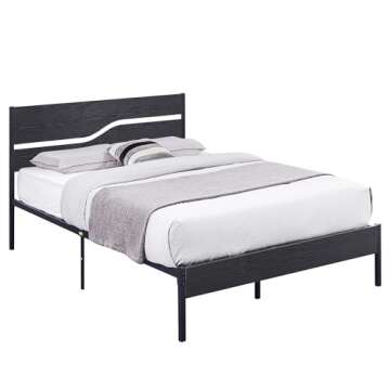 VECELO Platform Bed Frame Queen Size with Black Wood Headboard, Strong Metal Slats Support Mattress Foundation, No Box Spring Needed