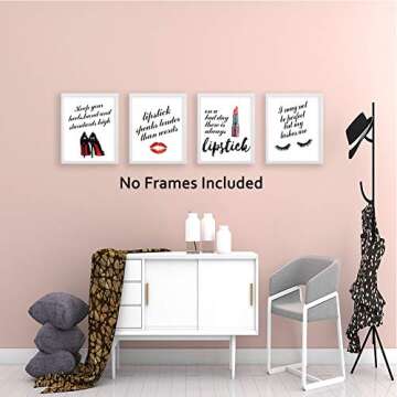 HPNIUB Fashion Inspirational Art Prints Makeup Art Set of 4 (8”X10” Canvas Fashion Women Painting,Motivational Phrases Art Poster for Women or Girls Room Home Decor,No Frame