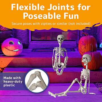PREXTEX Skeleton Halloween & Day of The Dead Decoration for Home and Office - 19 Inch Posable Plastic Small Skeleton Toy Halloween Décor with Movable/Bendable Joints and 2 Sets of Body Accessories