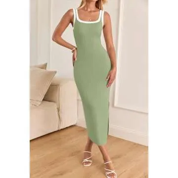 ZESICA Women's Summer Bodycon Midi Dress Casual Sleeveless Square Neck Side Slit Knit Vacation Long Dresses,Green,Small