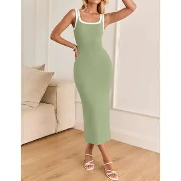 ZESICA Women's Summer Bodycon Midi Dress Casual Sleeveless Square Neck Side Slit Knit Vacation Long Dresses,Green,Small