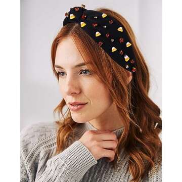 Halloween Headband for Women Crystal Pearl Knotted Headbands Beaded Boo Pumpkin Candy Corn Embellish...