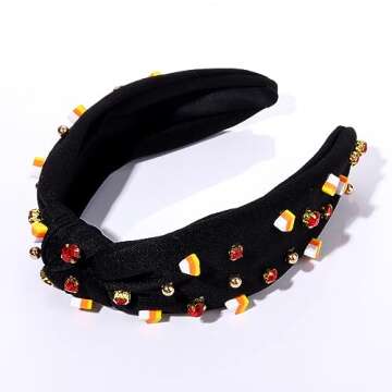 Halloween Headband for Women Crystal Pearl Knotted Headbands Beaded Boo Pumpkin Candy Corn Embellished Wide Top Knot Headband Halloween Accessories Spooky Costume Outfits Gifts (Candy Corn Headband)