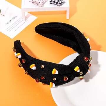 Halloween Headband for Women Crystal Pearl Knotted Headbands Beaded Boo Pumpkin Candy Corn Embellished Wide Top Knot Headband Halloween Accessories Spooky Costume Outfits Gifts (Candy Corn Headband)