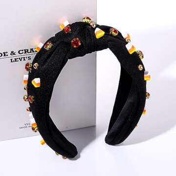Halloween Headband for Women Crystal Pearl Knotted Headbands Beaded Boo Pumpkin Candy Corn Embellished Wide Top Knot Headband Halloween Accessories Spooky Costume Outfits Gifts (Candy Corn Headband)