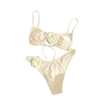 BEAUDRM Women's High Waisted 3D Rose Bikini Set - Apricot Small