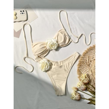 BEAUDRM Women's High Waisted 3D Rose Bikini Set