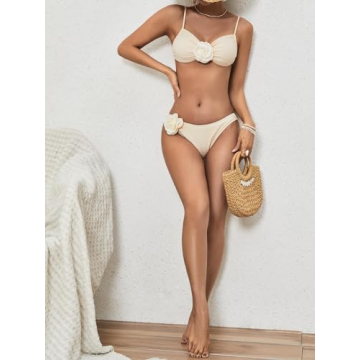 BEAUDRM Women's High Waisted 3D Rose Bikini Set