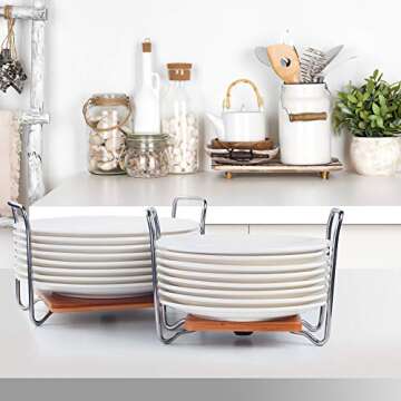 E-ROOM TREND Plate Organizer, Bamboo Dish Holder 1 Pack for 9" to 13" Large Plates, Adjustable Size ...