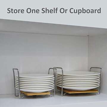 E-ROOM TREND Plate Organizer, Bamboo Dish Holder 1 Pack for 9" to 13" Large Plates, Adjustable Size Dish Storage Rack for Kitchen Drawer, Cabinets, Shelf, Corner, Party, RV, Buffet