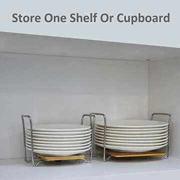 E-ROOM TREND Plate Organizer, Bamboo Dish Holder 1 Pack for 9" to 13" Large Plates, Adjustable Size Dish Storage Rack for Kitchen Drawer, Cabinets, Shelf, Corner, Party, RV, Buffet